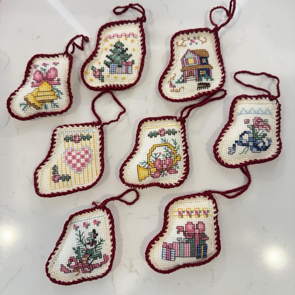 Vintage Cross-Stitch Christmas Ornaments Cottage Core Stockings Lot 90s Handmade